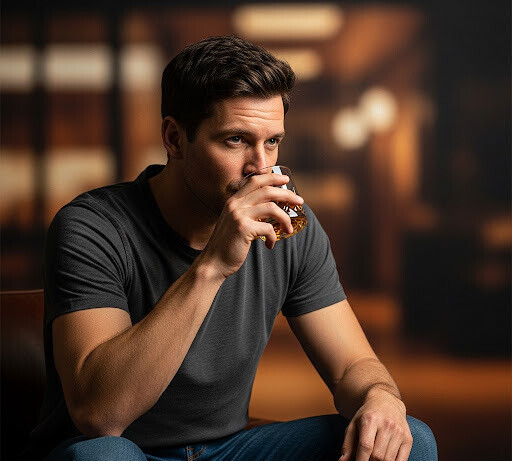 A man drinking a glass of whisky